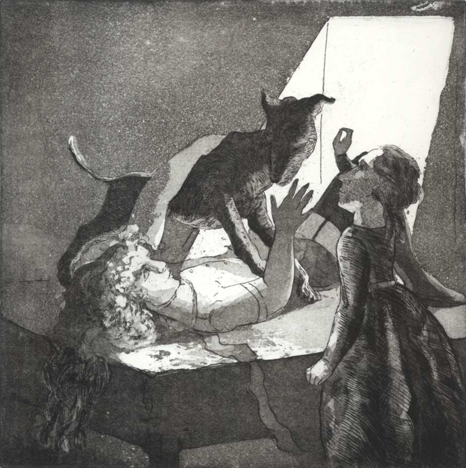Girl with her Mother and a Dog